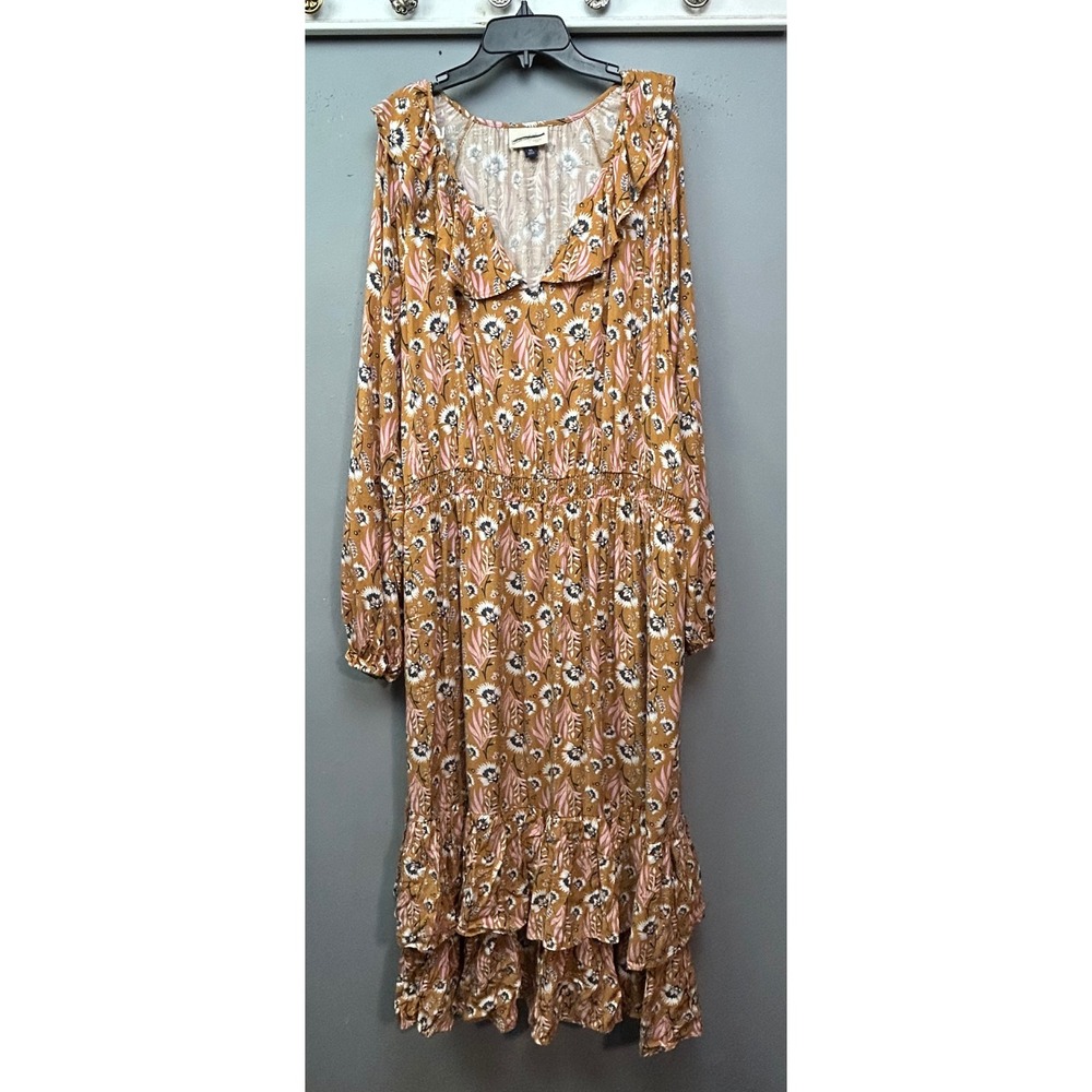Universal Thread Dress Womens XXL Gold Floral Ruffle Boho Smocked Midi Cottage